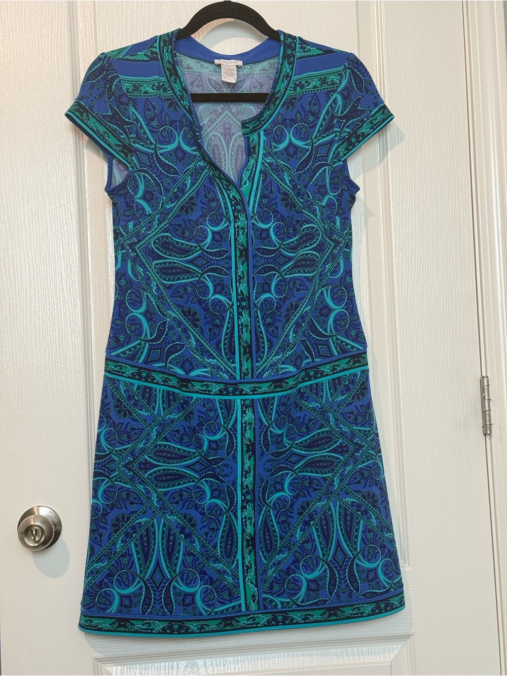 Cache Blue and Teal Paisley Cap-Sleeve Dress